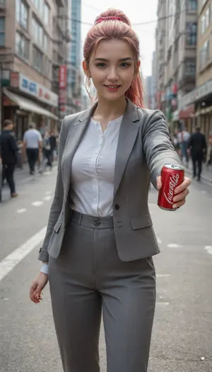 masterpiece, best quality, highres, absurdres, very awa, 1girl, solo, pink hair, ponytail, grey jacket, grey pants, long sleeves, office lady, open jacket, pant suit, white shirt, outdoors, urban, day, incoming drink, outstretched arm, hair bow, striped, street, cityscape, chinese signs, skyscraper, sunlight, busy street, crowded, clear sky, looking at viewer, coca-cola, can, holding can, parted lips, smile
