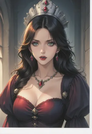 (Fool's art style), (ai_generated anime_style:1.4), official art, anime style, hard_outline, strong_outline, clear black outline, sexy pose, mature woman, beautiful girl drawn in anime style, dramatic gothic horror portrait, (vampire queen in elaborate medieval-style costume:1.4), . She wears an ornate headdress adorned with emerald green stones and coral gems, complemented by matching layered necklaces and arm cuffs. She's pale skin contrasts with dark eye makeup and, (bloody vampire fangs:1.4), . close-up shot with moody side lighting against a dark background, sinister supernatural atmosphere. She wears a red bodice with ornate green and gold trim, overall color palette emphasizes dark tones with rich emerald green and deep red accents, perfect fingers, style anime, inspired illustration, style oda_non, style homare, looking at viewer, dynamic camera, hard shadows, backlite, tight shot, face focus, <lora:cartoon_stickers_xl_v1:.8>, <lora:AnimatedNightmaresStyle:.8>, <lora:style61-a31-000015:2>, <lora:EnvyStylizedXL01:1.2>