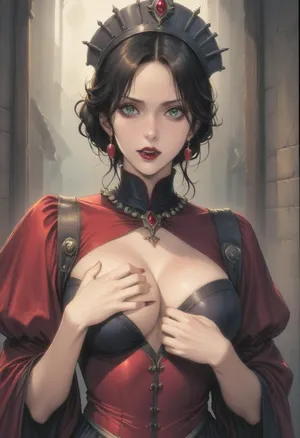 (Fool's art style), (ai_generated anime_style:1.4), official art, anime style, hard_outline, strong_outline, clear black outline, sexy pose, mature woman, beautiful girl drawn in anime style, dramatic gothic horror portrait, (vampire queen in elaborate medieval-style costume:1.4), . She wears an ornate headdress adorned with emerald green stones and coral gems, complemented by matching layered necklaces and arm cuffs. She's pale skin contrasts with dark eye makeup and, (bloody vampire fangs:1.4), . close-up shot with moody side lighting against a dark background, sinister supernatural atmosphere. She wears a red bodice with ornate green and gold trim, overall color palette emphasizes dark tones with rich emerald green and deep red accents, perfect fingers, style anime, inspired illustration, style oda_non, style homare, looking at viewer, dynamic camera, hard shadows, backlite, tight shot, face focus, <lora:cartoon_stickers_xl_v1:.8>, <lora:AnimatedNightmaresStyle:.8>, <lora:style61-a31-000015:2>, <lora:EnvyStylizedXL01:1.2>