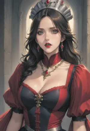 (Fool's art style), (ai_generated anime_style:1.4), official art, anime style, hard_outline, strong_outline, clear black outline, sexy pose, mature woman, beautiful girl drawn in anime style, dramatic gothic horror portrait, (vampire queen in elaborate medieval-style costume:1.4), . She wears an ornate headdress adorned with emerald green stones and coral gems, complemented by matching layered necklaces and arm cuffs. She's pale skin contrasts with dark eye makeup and, (bloody vampire fangs:1.4), . close-up shot with moody side lighting against a dark background, sinister supernatural atmosphere. She wears a red bodice with ornate green and gold trim, overall, (color palette emphasizes dark tones with rich emerald green and deep red accents:1), perfect fingers, style anime, inspired illustration, style oda_non, style homare, looking at viewer, dynamic camera, hard shadows, backlite, tight shot, face focus, <lora:cartoon_stickers_xl_v1:.8>, <lora:AnimatedNightmaresStyle:.8>, <lora:style61-a31-000015:2>, <lora:EnvyStylizedXL01:1.2>