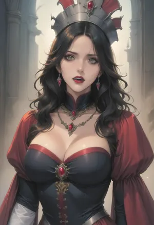 (Fool's art style), (ai_generated anime_style:1.4), official art, anime style, hard_outline, strong_outline, clear black outline, sexy pose, mature woman, beautiful girl drawn in anime style, dramatic gothic horror portrait, (vampire queen in elaborate medieval-style costume:1.4), . She wears an ornate headdress adorned with emerald green stones and coral gems, complemented by matching layered necklaces and arm cuffs. She's pale skin contrasts with dark eye makeup and, (bloody vampire fangs:1.4), . close-up shot with moody side lighting against a dark background, sinister supernatural atmosphere. She wears a red bodice with ornate green and gold trim, (blood spatter on face and clothes:1.2), overall, (color palette emphasizes dark tones with rich emerald green and deep red accents:1), perfect fingers, style anime, inspired illustration, style oda_non, style homare, looking at viewer, dynamic camera, hard shadows, backlite, tight shot, face focus, <lora:cartoon_stickers_xl_v1:.8>, <lora:AnimatedNightmaresStyle:.8>, <lora:style61-a31-000015:2>, <lora:EnvyStylizedXL01:1.2>