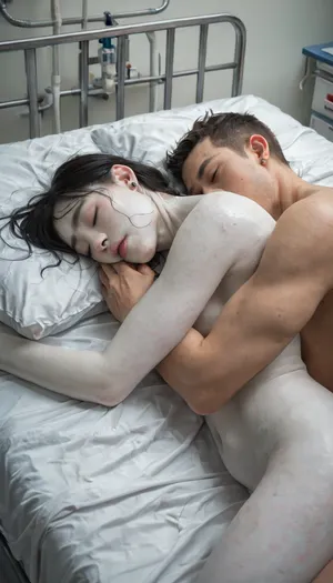 Asian woman, pale skin, pale face, no makeup, asleep, lying unconscious on a metal bed in a hospital., (Skin pale:2), (White skin:1.5), 2 boy Sleep-rape sex