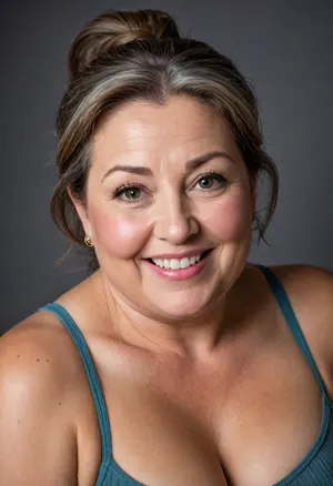 High angle shot, (1 woman), (mature:1.2), milf, gilf, ((brunette hair with gray highlights)), ponytail, (mature 65 year old woman), very realistic, (facial wrinkles:1), perfect light, soft lightning, looking at viewer, (upper body view), (plump lips), ((smiling)), ((bright eyes)), (chubby face:1.5), (blank background), studio lighting