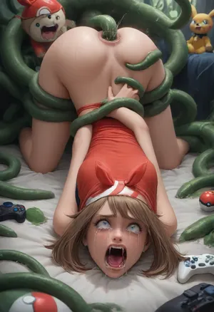Masterpiece, score_10, score_9, absurd_res, hi_res, Gamer girl has sex with her male boyfriend. Gaming room with neon. rating, explicit, sex, tongue, hetero, game_controller, sex_from_behind, extremely stretched anal gape, ((impossibly wide open asshole gape)), shocked and surprised, ((yelling at and crying very hard:2)), controller, green tentacles holding her arms down, green tentacles around arms, green tentacle in her mouth, tentacle oral sex, bottomless, 1boy, rolling_eyes, glowing green eyes, sex_toy, open_mouth, arms held behind back, stuffed_animal, may from pokemon, (pokemon), top-down_bottom-up, on_bed, ass, pokemon, doggystyle, sweat, pokeballs on bed, stuffed_pikachu, solo_focus, ahegao, fucked_silly, tentacles, 1girl, may_\, (pokemon\), collarbone, highres, eyelashes, red_shirt, bow_hairband, sleeveless_shirt, absurdres, bike_shorts, <lora:753217_training_data:1.7>, <lora:MS_Real_XL_Tentacles:.7>, <lora:may_(pokemon):1.8>, <lora:SaFFe3-AniSaFFe-AniSaFFe-Ani.LORA:2>, ImgFixerPre0.3