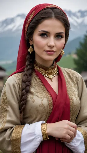 Makka Umarovna Sagaipova, adult female, crimson skin, elegant beauty, traditional Chechen attire, vibrant silk scarf, intricate gold jewelry, warm brown eyes, soft olive skin, flowing dark hair, ornate embroidered dress, historic Caucasian village, ancient stone houses, misty mountain backdrop, serene cultural atmosphere, ((traditional heritage vibe))