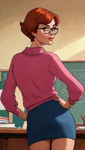 A cartoon Russian sexy female teacher, (50 years), auburn pixie hair, standing, in pink sweater and mini skirt, ((view from behind)), glasses, Dark, fiery eyes narrowed in rage. Art Nouveau watercolor background, (Style, Classic Cartoon Animation, 2D Animation, Cel Animation Lighting, Flat, Even Lighting Composition, Medium Shot, centered Details, Bold Outlines, Simple Shading, Expressive Facial Features, Wondering Expression Quality, High Quality Cartoon, Vibrant Colors), style, of, 80scartoon, <lora:sdxl_lora_80scartoon:.8>