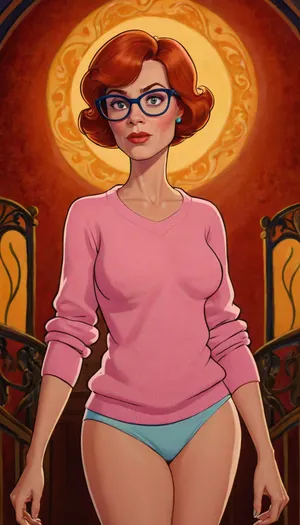 A cartoon Russian sexy mommy, (30 years), auburn pixie hair, standing, in pink sweater and thongs, glasses, Dark, fiery eyes narrowed in rage. Art Nouveau watercolor background, (Style, Classic Cartoon Animation, 2D Animation, Cel Animation Lighting, Flat, Even Lighting Composition, Medium Shot, centered Details, Bold Outlines, Simple Shading, Expressive Facial Features, Wondering Expression Quality, High Quality Cartoon, Vibrant Colors), style, of, 80scartoon, <lora:sdxl_lora_80scartoon:.8>