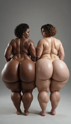 BBW extremely chubby nude African women, hyper colossal boobs, extremely large areola, extremely huge puffy nipple, extreme hyper colossal round butts, butts wider and larger than torso, thin waist, back view, front view