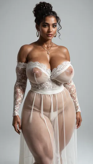 BBW extremely chubby African women, hyper colossal boobs, extremely large areola, extremely huge puffy nipple, extreme hyper colossal round butts, butts wider and larger than torso, thin waist, muscular abs, she wears an Indian wedding fashion off shoulder gown without underwear, see through, on Indian wedding function, front view