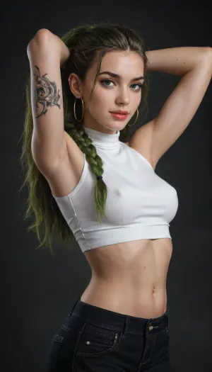 sketch, pencil drawing, monochrome, masterpiece, high_quality, highres, detailed_eyes, detailed, best quality, absurdres, 8k, HDR, face_focus, high quality, very_awa, newest, depth_of_field, realistic_skin, pinkretroanime, retro art, Jeddtl02, very aesthetic, detailed face, (dynamic:1.2), stylized, illustration, dynamic pose, nsfw, girl, tall body, slender body, fit body, long legs, 1girl, solo, long hair, breasts, looking at viewer, smile, open mouth, bangs, simple background, shirt, hair ornament, navel, bare shoulders, jewelry, medium breasts, very long hair, closed mouth, green eyes, white shirt, upper body, ponytail, braid, multicolored hair, earrings, small breasts, parted lips, green hair, sleeveless, alternate costume, choker, midriff, belt, pants, dark skin, armpits, mole, arm up, collar, from side, dark-skinned female, lips, crop top, looking to the side, eyelashes, mole under eye, sleeveless shirt, single braid, tattoo, makeup, alternate hairstyle, turtleneck, facial mark, piercing, tank top, lipstick, black background, ear piercing, side braid, light particles, eyeshadow, arm behind head, toned, asymmetrical hair, braided ponytail, hoop earrings, pink lips, nose, hair tie, eyeliner, arm tattoo, shoulder tattoo, undercut, facial tattoo, dark background, long braid, mascara, stomach tattoo, embers, neck tattoo, dreadlocks, nose piercing, lip piercing, full-body tattoo, eyebrow piercing, eyebrow cut, multiple braids, multiple piercings, BREAK.