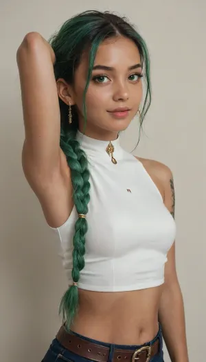 1girl, solo, long hair, looking at viewer, smile, open mouth, bangs, simple background, shirt, hair ornament, jewelry, very long hair, closed mouth, green eyes, white shirt, upper body, ponytail, braid, multicolored hair, earrings, parted lips, green hair, sleeveless, alternate costume, choker, midriff, belt, pants, dark skin, mole, arm up, collar, from side, dark-skinned female, lips, crop top, looking to the side, eyelashes, mole under eye, sleeveless shirt, single braid, tattoo, makeup