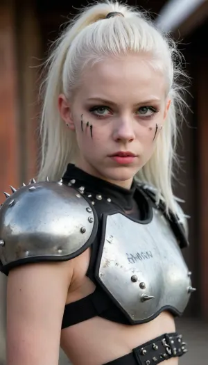 Close up of Very skinny very atlethic topless 18-year-old very young albino girl, extremely smooth well-groomed neat shiny long albino hair tucked behind the ears. One extremely smooth well-groomed neat shiny long albino ponytail. She looks similar to the young Kristina Pimenova but has Short upturned pointed nose with circular nostrils. In a wide-stretched and very dynamic fighting pose. Cute, Petite Tiny breasts, thin waist, narrow hips, atlethic, pale, abs, bare chest, She's a crazy topless raider in the post-apocalyptic wastelands, a kind of Mad Max world. The world is bloody and cruel, but full of creativity. Everything is imaginatively held together by scrap and remnants of the good times past. In this world, only the strong and the assholes survive. She was an american football Quarterback player but is now one of the topless crazy agile bad asses with the expression of cruelty. Her accessories and armor are a creative patchwork of flexible leather scraps, rusted steel plates, practical screws, defensive spikes, decorative bones, jagged sawblades, questionable steel springs, and cut tires., (A white face is creepily scribbled on her worn spiked black American football shoulder pads.:1.3)