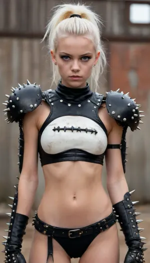 Very skinny very atlethic topless 18-year-old very young albino girl, extremely smooth well-groomed neat shiny long albino hair tucked behind the ears. One extremely smooth well-groomed neat shiny long albino ponytail. She looks similar to the young Kristina Pimenova but has Short upturned pointed nose with circular nostrils. In a wide-stretched and very dynamic fighting pose. Cute, Petite Tiny breasts, thin waist, narrow hips, atlethic, pale, abs, bare chest, She's a crazy topless raider in the post-apocalyptic wastelands, a kind of Mad Max world. The world is bloody and cruel, but full of creativity. Everything is imaginatively held together by scrap and remnants of the good times past. In this world, only the strong and the assholes survive. She was an american football Quarterback player but is now one of the topless crazy agile bad asses with the expression of cruelty. Her accessories and armor are a creative patchwork of flexible leather scraps, rusted steel plates, practical screws, defensive spikes, decorative bones, jagged sawblades, questionable steel springs, and cut tires., (A white face is scribbled creepily on her worn long-spiked rusty dented black American football shoulder pads with long spikes.:1.3)