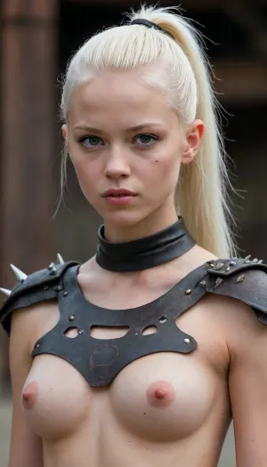 Very skinny very atlethic 18-year-old very young albino girl, extremely smooth well-groomed neat shiny long albino hair tucked behind the ears. One extremely smooth well-groomed neat shiny long albino ponytail. She looks similar to the young Kristina Pimenova but has Short upturned pointed nose with circular nostrils. In a wide-stretched and very dynamic fighting pose. Cute, Petite Tiny breasts, thin waist, narrow hips, atlethic, pale, abs, bare chest, She's a crazy raider in the post-apocalyptic wastelands, a kind of Mad Max world. The world is bloody and cruel, but full of creativity. Everything is imaginatively held together by scrap and remnants of the good times past. In this world, only the strong and the assholes survive. She was an american football Quarterback player but is now one of the topless crazy agile bad asses with the expression of cruelty. Her accessories and armor are a creative patchwork of flexible leather scraps, rusted steel plates, practical screws, defensive spikes, decorative bones, jagged sawblades, questionable steel springs, and cut tires. A white face is scribbled creepily on her worn long-spiked rusty dented American football shoulder pads with long spikes. She is completely overexcited and, in a crazy frenzy, rolls her tongue down from her wide-open mouth. She has two black stripes from American football on her cheeks.