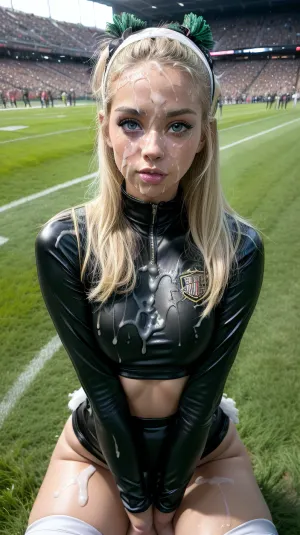 Solo, 1girl, masterpiece, (perfect lighting:1.4), (skinny:1.4), (ultra detailed face:1.4), (ultra high detailed cheerleader outfit:1.4), 8k, (slutty cheerleader outfit in, (black, white, green), , :1.4), (high resolution:1.4), (25 year old cheerleader:1.4), body, 5ft, heavy makeup, blonde hair, blue eyes, tanned skin, hairband, thigh high socks, (tons of cum:1.4), bukkake, American Football field, outside, grass, <lora:more_details:.5>, <lora:Lgirl-v6_500steps:1>, <lora:facialized:.5>, <lora:cum_b1:.5>, <lora:bukkake_v0.4:1>