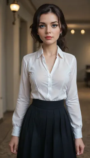 Elizabeth from bioshock, 19 yo girl, cinematic photo, ponytail, pale, skin, 85mm medium format photo of, . 35mm photograph, film, bokeh, professional, 4k, highly detailed, disney princess eyes, detailed face, perfect blue eyes, cute, girl, skirt, small, chested, Microwaist, Fleshy, lips, Puffy, Detailed, wide