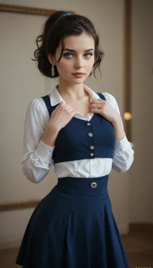 Elizabeth from bioshock, 19 yo girl, cinematic photo, ponytail, pale, skin, 85mm medium format photo of, . 35mm photograph, film, bokeh, professional, 4k, highly detailed, disney princess eyes, detailed face, perfect blue eyes, cute, girl, skirt, small, chested, Microwaist, Fleshy, lips, Puffy, Detailed, wide, <lora:931943_training_data:.8>