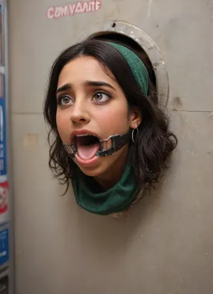 (glory wall:1.2), (bust and head sticking out hole with metal rim:1.5), (muslim turkish girl trapped in hole with metal rim:1.3), (dark green cashmere pullover:1.1), (wide mouth spreader ring gag:1.4), (from side), (leaning forward:1.4), (embarrassed, ashamed), (pleading expression), (vintage vending machine:1.3), (box is low mounted, close to floor), (score_9, score_8_up, score_7_up, UHD 8K, masterpiece, best quality, maximum details, natural light, extreme realism, cinematic still), (vending machine is hanging low:1.1), (she stares at man stroking his big penis in front of her face:1.6), (arms restrained with iron rings to the wall:1.2), (shackles around wrists), (arms spread wide against the wall, cuffs on wrists:1.7)