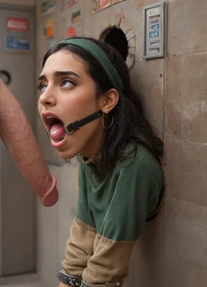 (glory wall:1.2), (bust and head sticking out hole with metal rim:1.5), (muslim turkish girl trapped in hole with metal rim:1.3), (dark green cashmere pullover:1.1), (wide mouth spreader ring gag:1.4), (from side), (leaning forward:1.4), (embarrassed, ashamed), (pleading expression), (vintage vending machine:1.3), (box is low mounted, close to floor), (score_9, score_8_up, score_7_up, UHD 8K, masterpiece, best quality, maximum details, natural light, extreme realism, cinematic still), (vending machine is hanging low:1.1), (she stares at man stroking his big penis in front of her face:1.6), (arms restrained with iron rings to the wall:1.2), (shackles around wrists), (her long arms are tied against the wall, cuffs on wrists:1.7)