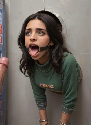 (glory wall:1.2), (bust and head sticking out hole with metal rim:1.5), (muslim turkish girl trapped in hole with metal rim:1.3), (dark green cashmere pullover:1.1), (wide mouth spreader ring gag:1.4), (from side), (leaning forward:1.4), (embarrassed, ashamed), (pleading expression), (vintage vending machine:1.3), (box is low mounted, close to floor), (score_9, score_8_up, score_7_up, UHD 8K, masterpiece, best quality, maximum details, natural light, extreme realism, cinematic still), (vending machine is hanging low:1.1), (she stares at man stroking his big penis in front of her face:1.6), (arms restrained with iron rings to the wall:1.2), (shackles around wrists), (her long arms are tied against the wall, cuffs on wrists:1.7)