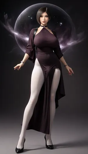 masterpiece, best quality, ultra-detailed, finely detail, highres, 4k, hd, UHD, Photorealistic, 3D model, a mature woman, milf, futa mom, (ada wong:1.3), black gown, black robe and purple shirt, (huge boobs:1.7), (long legs:1.3), high heels, white pantyhose, (Floating Void:1.5), standing, bulge, pantyhose bulge, penis bulge, <lora:breasts_slider_v10:2>, <lora:re ada wong:.5>, <lora:milkers_v2:.5>