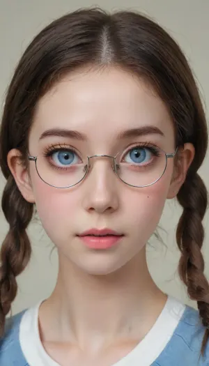 (((The whole body is visible))), nude, (photo taken in class), (((round thin-rimmed glasses))), (((narrow low face))), young face, Super realistic, perfect lighting, (best shadow), 8K, UHD, clear image, (best lighting), highest quality, ultra-detailed images, fine details, high resolution, 8k, (skinny waist), (skinny), Euro-American, (18 years old), bright blue eyes, dark brown hair, pigtails, very detailed face, blush, white skin, tt_flat, BJ_Oxygen, krnpp, <lora:reallora1:.5>, <lora:Oxygen girl_SDXL1.0:.5>, <lora:karina_sdxl_v10:.5>