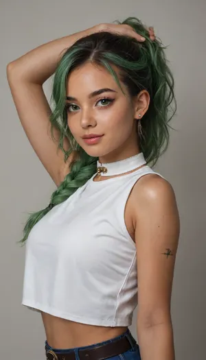 1girl, solo, long hair, looking at viewer, smile, open mouth, bangs, simple background, shirt, hair ornament, jewelry, very long hair, closed mouth, green eyes, white shirt, upper body, ponytail, braid, multicolored hair, earrings, parted lips, green hair, sleeveless, alternate costume, choker, midriff, belt, pants, dark skin, mole, arm up, collar, from side, dark-skinned female, lips, crop top, looking to the side, eyelashes, mole under eye, sleeveless shirt, single braid, tattoo, makeup