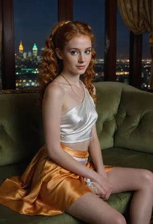 1 girl, white skin, Irish, sharp nose, high cheekbones, green eyes, (sitting on a couch), very cute, happy smiling face, (bright orange ginger hair), ((ginger hair)), long curly hair, (pony tail hairstyle), skinny, short waist, petite, (wearing a sheer white silk toga fastened with a golden clasp on 1 shoulder), in an extravagant penthouse, marble floors and decorations, couches, chairs, windows looking over a city skyline, midnight, stars, moonlight, high quality photography, realism, high resolution, clothes, <lora:fantasy_toga_sdxl_v2.3:.8>, <lora:ahxl_v1:.8>