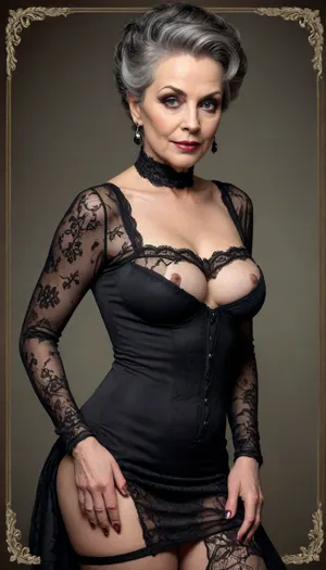 A historical playing card depicting a flirtatious mature woman as a mature lady. Ink drawing.

gothic 65 yo curvaceous milf, wide hips, bulges, wrinkles on body and face, (mature face:1.4), (high quality face), intricate black hairstyles, intricate transparent lace gothic dress, torn stockings, ((sexy slut poses)), (small natural sagging breasts), .

#©KITTYART