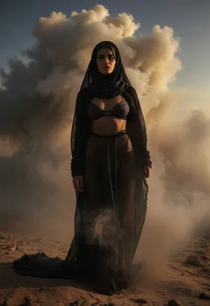 full body view of beautiful Palestinian woman with open burka with seductive look, perfect pussy, firm tits, cloudy, smoke, atmospheric, clouds, fog, sunlight_str1, <lora:Cloudy_Style:.5>, <lora:sunlight_str1-SDXL_v1-dim64-steps1691:1.1>, <lora:MJ52:.1>