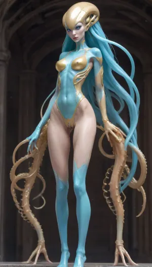 1 femalien posing, (front view), (large thin lips:1.3), (long ornate gold clothing:1.4), (extremely long tentacle hair:1.5), black hair, (small thin face:1.2), (ivory skin:1.4), (very long thick eyelashes:1.1), (bright iceblue eyes:1.4), (athletic alien body:1.6), collarbones, (earrings:1.1), (sexy medium breasts:1.3), (thin waist:1), (small nipples:1.2), (bubble butt:1.3), (thick muscular thighs:1.4), (extremely long legs:1.8), (long arms:1.6), (nude:1.3), (full body view:1.3), (massive creampie:1.2), (perfect eyes:1.3), 8k, space
512/3000, alien, species, futuristic, suit, electalien, artstyle, <lora:alien-species:.1>, <lora:157880_training_data:2>, <lora:Alien_God_V3:2>, <lora:Electric Alien - Trigger is ElectAlien Artstyle:2>