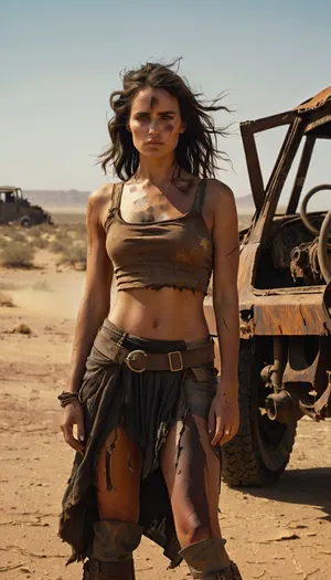 A young brunette woman stands in the middle of a vast, sun-scorched desert. Her dark brown hair is tousled by the wind. She wears a rugged, post-apocalyptic outfit inspired by Mad Max and steampunk. Her lower body is clad in worn shorts, partially covered by a long, tattered skirt open at the front. On her upper body, she wears a very light, semi-transparent fabric top — loose, weathered, and slightly torn — allowing tribal war paint on her skin to be partially visible beneath it, and her look is fierce and defiant. The background shows rusted wrecks, broken machinery, and an arid, cinematic wasteland under a blazing sun.