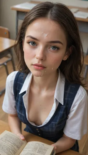 view from above, 18yo beauty reading a book, cute, (very petite:1.8), (young:1.8), cum solatter on face, angry, detailed HD pretty innocent beautiful face, pale skin, dark hair, messy plaid School uniform, cleavage, cum on face, cum on book, cum in cleavage, super realistic cum, ((nipslip)), classroom