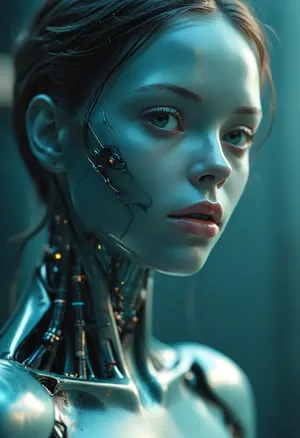 the face of a humanlike android, in the style of x-ray film, feminine body, dark cyan and black, graceful sculptures, youthful energy, hyper-realistic representation, focus on joints/connections, <lora:MJ52:1.5>, <lora:SDXLHighDetail_v6-000005:.8>, <lora:CinematicStyle_v1:2>