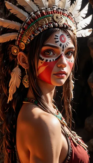 (old woman:.9), evil, muscular, Aztec, God. detailed large feather headdress, stone jewellery, glowing scifi elements, standing in a narrow cave passage, looking back at viewer, full face paint, tall detailed headdress, head turn, fire embers, dark art style, highly detailed, outfit portrait, 18+, ral-embrglt, <lora:ral-embrglt-sdxl:1.5>
