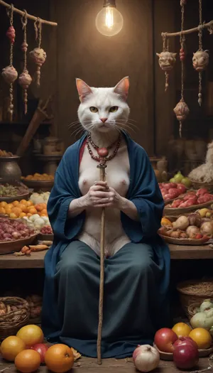 Painting by David Lopez, “Vanitas Vanitatum”, vaginal, markets cats on a stick, pussy old woman spectrale
