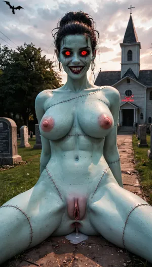 A frame from the 80s movie, wide sinister smile, evil smile, beautiful nude Frankenstein girl bound at the cemetery, hardcore, stocky bodyshape, wide hips, (girl has very pale green-blue skin:1.2), (Stitched body parts:1.2), stitches on limbs, (very high black hair with white colored curls hairstyle:1.2), (huge fake boobs with large nipples:1.3), torn dress, huge swollen labia, huge swollen puckered anus, wet holes, stretched holes, love juices, bound, chained, raped by zombie, anal penetration, fucked at the cemetery, tortured, crosses, church, (Zombie Apocalypse:1), night of the living dead, Cinematic colored lighting, heavy lightnings, red neon light, storm, 80s horror movie style, (retrowave:1.2), uhd, film-like grain, best quality, sharp focus, ZipRealism, evil, villain, <lora:add-detail-xl:1.4>, <lora:evil_villain:1>