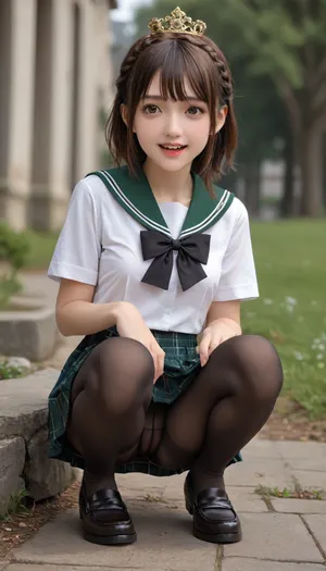 (22/7), kono miyako, 1girl, tongue out, black bow, black bowtie, black footwear, black skirt, bow, bowtie, braid, brown eyes, brown hair, brown pantyhose, crown braid, full body, green sailor collar, hair bow, high tail, loafers, miniskirt, multicolored bow, open mouth, pantyhose, plaid clothes, plaid skirt, pleated skirt, sailor collar, school emblem, school uniform, serafuku, shirt, shoes, short sleeves, single braid, skirt, skirt hold, smile, solo, squatting, teeth, upper teeth only, white shirt, panty shot, cleft of venus