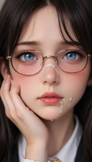 young girl, black hair, blush, (cum:1.6), cum on one eye, facial, glasses, long hair, solo, face in frame, touches cheek, sad, (blush:1.3), puffy lips, rainbow pupils, <lora:Rainbow_Pulp:.7>