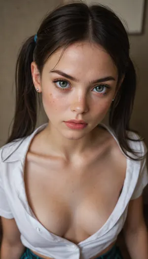 view from above, 18yo beauty, cute, freckles, (very petite:1.8), angry, detailed HD pretty innocent beautiful face, pale skin, long black hair, pigtails, messy plaid School uniform, cleavage, medium breasts, freckles on breasts, ((nipslip)), supermodel, face, big, lips, <lora:Beautify-Supermodel-SDXL:.8>, <lora:epicNewPhoto:.8>
