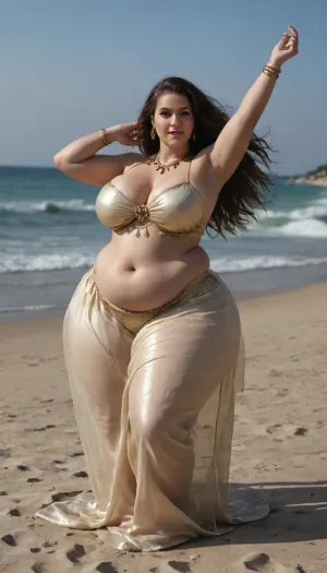a chubby woman with an enormous ass, (belly dancer clothes:1.5), wilderness, long brown hair, hyper hips, wide hips, massive thighs, green eyes, gigantic ass covered in silk, (silk covered buttcheeks:1.5), hyper_ass, (hyper ass:1.1), dancing, beach