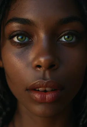 Young deeply black woman extreme close up face, silent smile, incredibly beautiful face, stunning, hot, naughty, horny, (cum on lips:1.2), ultra realistic skin, ultra realistic lips, ultra realistich green eyes, (ultra dark skin:1.6), black dreadlocks, adoring eyes, 4ng3l, face, black background, <lora:SDXL_BetterFaces-LoRA_v1:.5>, <lora:MJ52:.3>