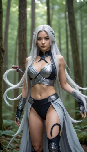 Attractive and beautiful lady fo.x with nine tails wearing a ninja two-piece outfit with long silver hair ready for combat. in the midst of a mystical forest.