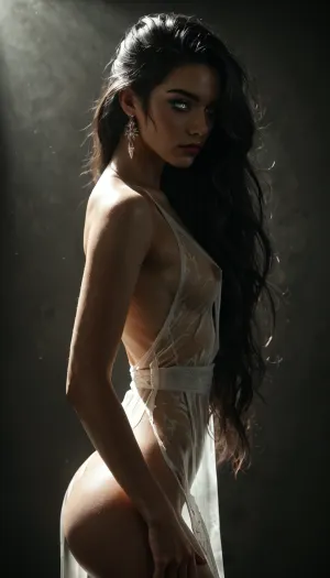 Rating_explicit, ethereal fantasy photography, (score_9, score_8_up, sharp focus, masterpiece, perfect eyes), young face, high resolution, perfect limbs, anatomically accurate, Super realistic, perfect lighting, (best shadow), 8K, UHD, clear image, (best lighting), highest quality, ultra-detailed images, Japanese, Incredibly beautiful girl naked, (bangs messy long black hair), (very long hair), realistic Japanese face, (Japanese girl Naked), cute face, (grey eyes), skinny, (white skin), (glossy skin), (((thick))), ((round ass, thick waist, big butt)), ((small_breasts)), flat, chested, big waist, (Shapely body), wide hips, perfect skin, perfect face, seductive pose, (her face and expression showing a mix of submission and ecstasy and exhaustion), ((half open eyes)), (lustful face), luscious sensual lips, natural beauty, eternal beauty, perfect anatomical body, deepthroating cock gracefully. She is wearing a delicate, transparent dress that gently flows around her, ((see-through fabric)), ((from side)), close-up, Legacy lighting, bright 1-alpha .5>, long silky raven black hair hides her face in shadow. Minimalistic dark chiaroscuro lighting and creates a dramatic effect. The overall mood of the image is sensual and seductive, with hints of anticipation and desire, ZipRealism, ​Moody, mysterious, magical, shallow depth of field, Shot from Stanley Kubrick movie, shot on Kodak filmodak Portra 400, vintage photography, lora, quality, SDXL_BetterFaces-LoRA_v1, .5>, <lora:lora-sdxl-perfect-eyes:.8>, <lora:reallora1:.5>, <lora:Oxygen girl_SDXL1.0:.5>, <lora:BUT_SDXL_SHS:.8>, <lora:dark:.8>