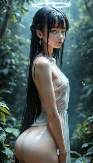 Rating_explicit, ethereal fantasy photography, (score_9, score_8_up, sharp focus, masterpiece, perfect eyes), young face, (young adult:1.5), (young:1.5), high resolution, perfect limbs, anatomically accurate, Super realistic, perfect lighting, (best shadow), 8K, UHD, clear image, (best lighting), highest quality, ultra-detailed images, Japanese, Incredibly beautiful girl naked, (bangs messy long black hair), (very long hair), realistic Japanese face, (Japanese girl Naked), cute face, (grey eyes), skinny, (white skin), (glossy skin), (((thick))), ((round ass, thick waist, big butt)), ((small_breasts)), flat, chested, big waist, (Shapely body), wide hips, perfect skin, perfect face, seductive pose, (her face and expression showing a mix of submission and ecstasy and exhaustion), ((half open eyes)), (lustful face), luscious sensual lips, natural beauty, eternal beauty, ((see-through fabric)), perfect anatomical body, transparent dress that gently flows around her, capturing the ethereal glow of the light. The scene is set in a serene, minimalist environment, where the focus is on the interplay of light and shadow. The soft illumination creates a halo effect around, highlighting the intricate details and adding a sense of mystery and elegance to the composition, ((from side)), close-up, Legacy lighting, bright 1-alpha .5>, lora, quality, SDXL_BetterFaces-LoRA_v1, .5>, <lora:lora-sdxl-perfect-eyes:.8>, <lora:reallora1:.5>, <lora:Oxygen girl_SDXL1.0:.5>, <lora:MJ52:.8>, <lora:BUT_SDXL_SHS:.8>