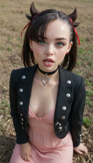 Marnie from pokemon, big blue eyes, red lips, skinny, 18 years old, big green eyes, small cups, naked, realistic light and shadow on the girl's body, detailed skin, realism, ultra-realism, UHD 8K, extreme realism, maximum detail, full portrait, black choker, red ribbon, pink dress, jewelry, black jacket, unbuttoned clothes, long sleeves, field, (high-detail skin), high quality, marnie_\, (pokemon\), tongue, out, ahegao, drool, <lora:marnie_(pokemon):1.5>, <lora:ahegao_mr_chrisma:.8>, facial, cum, on, face, breasts, stomach, covered, in, perfect, <lora:Facials:.8>