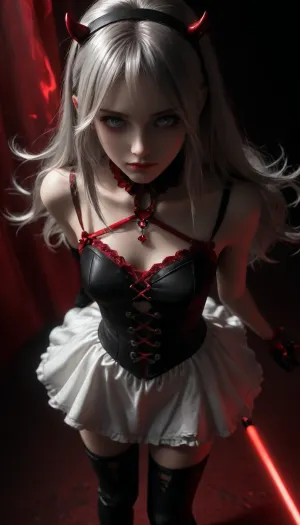 UHD 8K, Gothic girl, cute, charming girl, looking directly at the viewer, a light inviting smile, slender figure, (small demonic horns), black+red Long satin dress with ragged edges, beautiful elastic ass, sexy feminine hips, sexy legs, small breasts in leather bra, in red armor corset, black sexy lace stockings, torn stockings, red glowing pupils, all in black+red shades, black+red long hair, black+red eyes, black+red makeup, black+red jewelry, black+red glowing background, flat, chested, multicolour glossy black+red, High Quality, Carlotta from Wuthering Waves, slender body, Medium breasts, long Silver hair, greyish blue eyes, red and black hairband, White Sleeveless Dress, Red Shoal, thigh-high black boots and bold black stockings, Above view, (((Long Silver Hair:1.5))), Carlotta, def, white, dress, 1girl, thighhighs, long, silver, hair, black, footwear, gloves, <lora:dark:-1>, <lora:flat_chested_v3.5:.7>, <lora:scarlem:.7>, <lora:EnvyZoomSliderXL01:2>, <lora:Carlotta-noob-Tanger:.8>