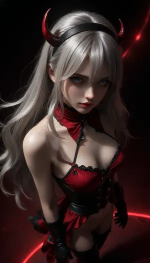 UHD 8K, Gothic girl, cute, charming girl, looking directly at the viewer, a light inviting smile, slender figure, (small demonic horns), black+red Long satin dress with ragged edges, beautiful elastic ass, sexy feminine hips, sexy legs, small breasts in leather bra, in red armor corset, black sexy lace stockings, torn stockings, red glowing pupils, all in black+red shades, black+red long hair, black+red eyes, black+red makeup, black+red jewelry, black+red glowing background, flat, chested, multicolour glossy black+red, High Quality, Carlotta from Wuthering Waves, slender body, Medium breasts, long Silver hair, greyish blue eyes, red and black hairband, White Sleeveless Dress, Red Shoal, thigh-high black boots and bold black stockings, Above view, (((Long Silver Hair:1.5))), Carlotta, def, white, dress, 1girl, thighhighs, long, silver, hair, black, footwear, gloves, <lora:dark:-1>, <lora:flat_chested_v3.5:.7>, <lora:scarlem:.7>, <lora:EnvyZoomSliderXL01:2>, <lora:Carlotta-noob-Tanger:.8>
