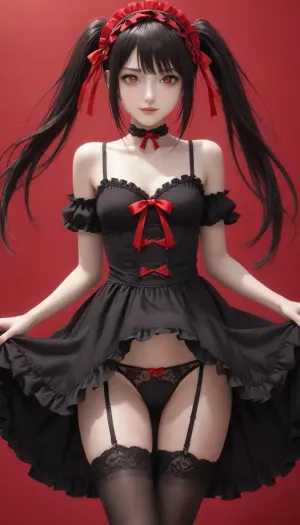 Kurumi Tokisaki from Date A Live, UHD 8K, extreme realism, High skin texture, photorealistic, maximum detail, Gothic girl, cute, charming girl, looking directly at the viewer, a light inviting smile, slender figure, beautiful elastic ass, sexy feminine hips, sexy legs, black sexy lace stockings, red glowing pupils, all in black+red shades, (Multicolour Ruby Rose Hairstyle, very long hair, twintails), (oiled skin:1.9), (cameltoe, transparent panties:1.9), Luxurious Gothic dress, Multicolored eyes, one yellow, the other red, black+red eyes, black+red makeup, black+red jewelry, black+red glowing background, multicolour glossy black+red, flat, chested, ((gothic, fashion:1)), tokisaki_kurumi, clock_eyes, long_hair, black_hair, yellow_eyes, red_eyes, heterochromia, small_breasts, hairband, lolita_fashion, lolita_hairband, symbol-shaped_pupils, floating_hair, choker, ribbon, bare_shoulders, red_ribbon, dress, 1girl, solo, red, eyes, collarbone, cleavage, twintails, black, hair, white, skin, long, over, one, eye, looking, a, viewer, smile, arm, strap, thighhighs, cowboy, shot, frilled, frills, garter, straps, holding, pupils, <lora:flat_chested_v3.5:1>, <lora:EnvyZoomSliderXL01:2>, <lora:san:1>, <lora:SDXL_Kurumi_Raziel:1>