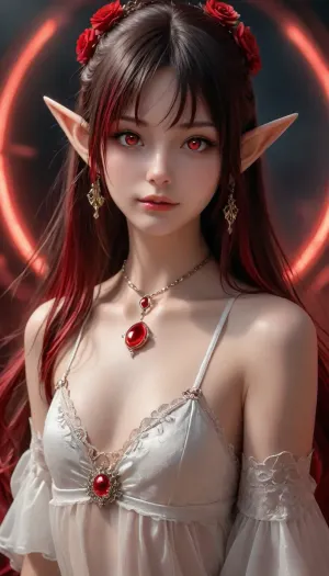 A surreal, fantasy-inspired woman with multicolored flowing hair in neon pink, purple, electric blue, and green, two large curled iridescent horns adorned with glittering bands and jewel-like ornaments, elaborate fantasy headpiece with beads and wrapped fabrics, glowing green eyes with bold eyeliner and dramatic lashes, heart-shaped sunglasses with sparkling pink lenses and gem-crusted rims, ethereal festival makeup with soft pink lips and perfect skin, layered gem-encrusted chokers and necklaces, long ornate earrings, a revealing, low cut jewel-covered top, cleavage, floral tattoo on upper arm, vibrant Burning Man-inspired fashion, glowing sunlight in a desert dreamscape, high-resolution, hyperreal textures, vibrant color palette, magical and whimsical aura, fantasy-meets-cosmic festival aesthetic, UHD 8K, extreme realism, High skin texture, photorealistic, maximum detail, Gothic girl, cute, charming girl, looking directly at the viewer, a light inviting smile, slender figure, (Elegant elf ears:1.5), beautiful elastic ass, sexy feminine hips, sexy legs, black sexy lace stockings, red glowing pupils, all in black+red shades, (Multicolour Ruby Rose Hairstyle, very long hair), black+red eyes, black+red makeup, black+red jewelry, black+red glowing background, multicolour glossy black+red, flat, chested, <lora:flat_chested_v3.5:1>, <lora:scarlem:1>, <lora:EnvyZoomSliderXL01:2>